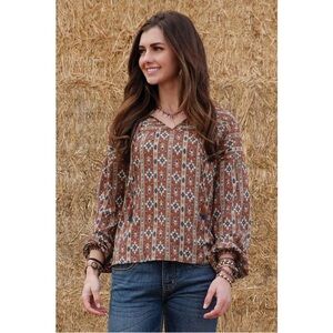 Cruel Denim Southwestern Print Blouse XS Long Sleeve Western Cowgirl Rodeo Aztec